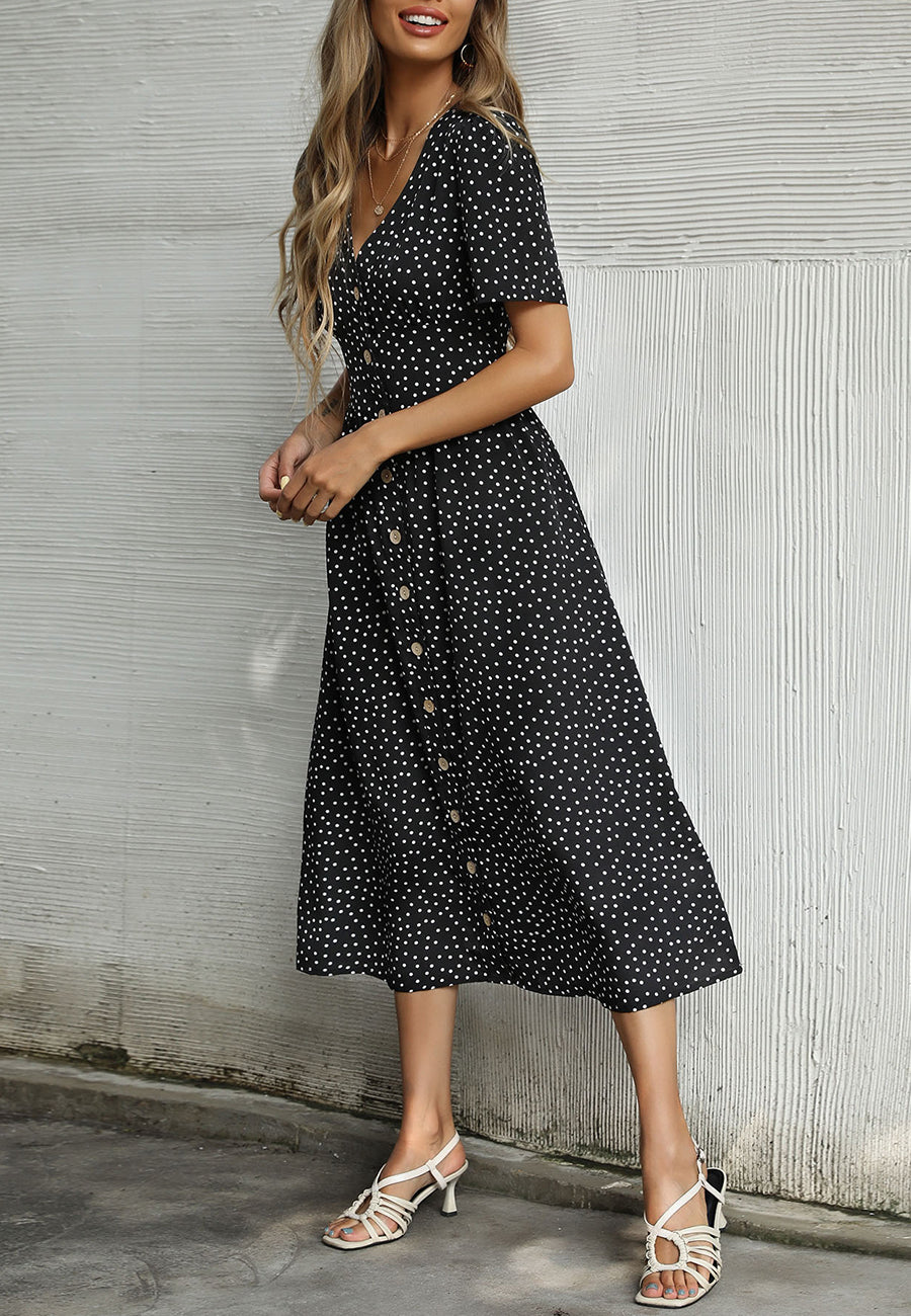 Polka Dot Button Casual Dress