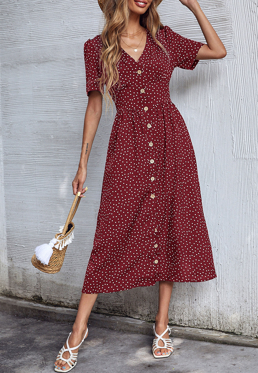 Polka Dot Button Casual Dress