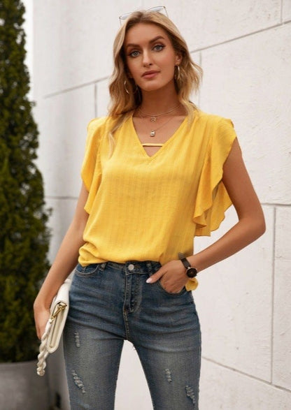 V Neck Ruffle Sleeve Blouse