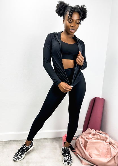 Three-Piece Hooded Zip Jacket, Sports Bra, and High-Rise Yoga