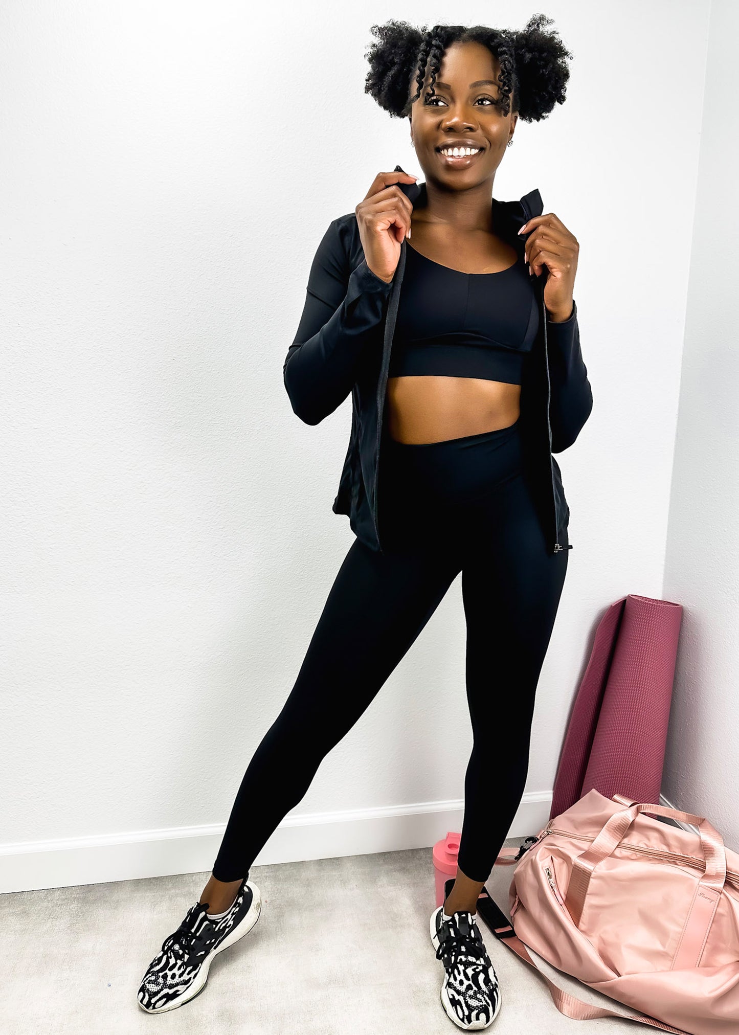 Three-Piece Hooded Zip Jacket, Sports Bra, and High-Rise Yoga