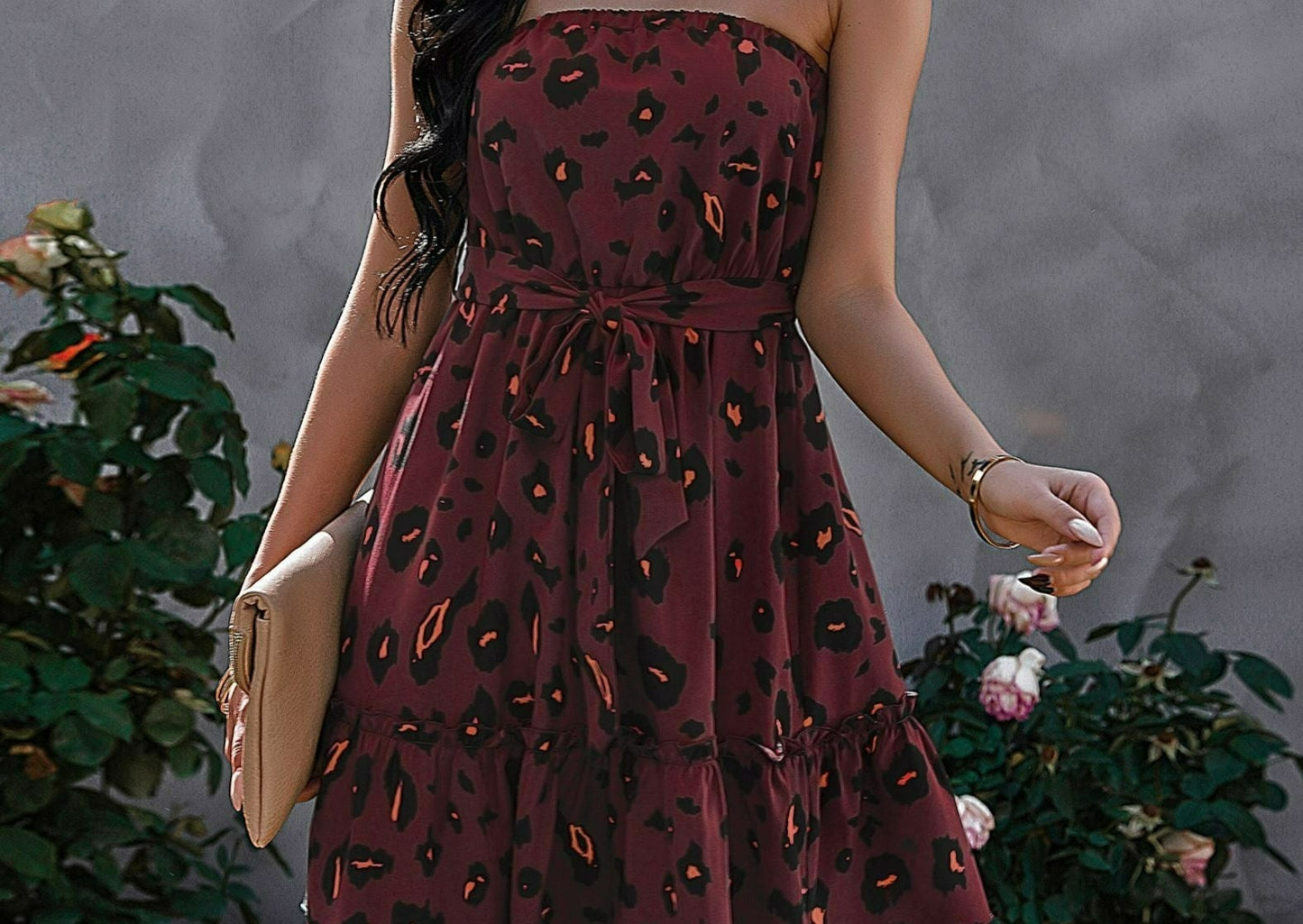 Contrast Leopard Print Strapless Dress