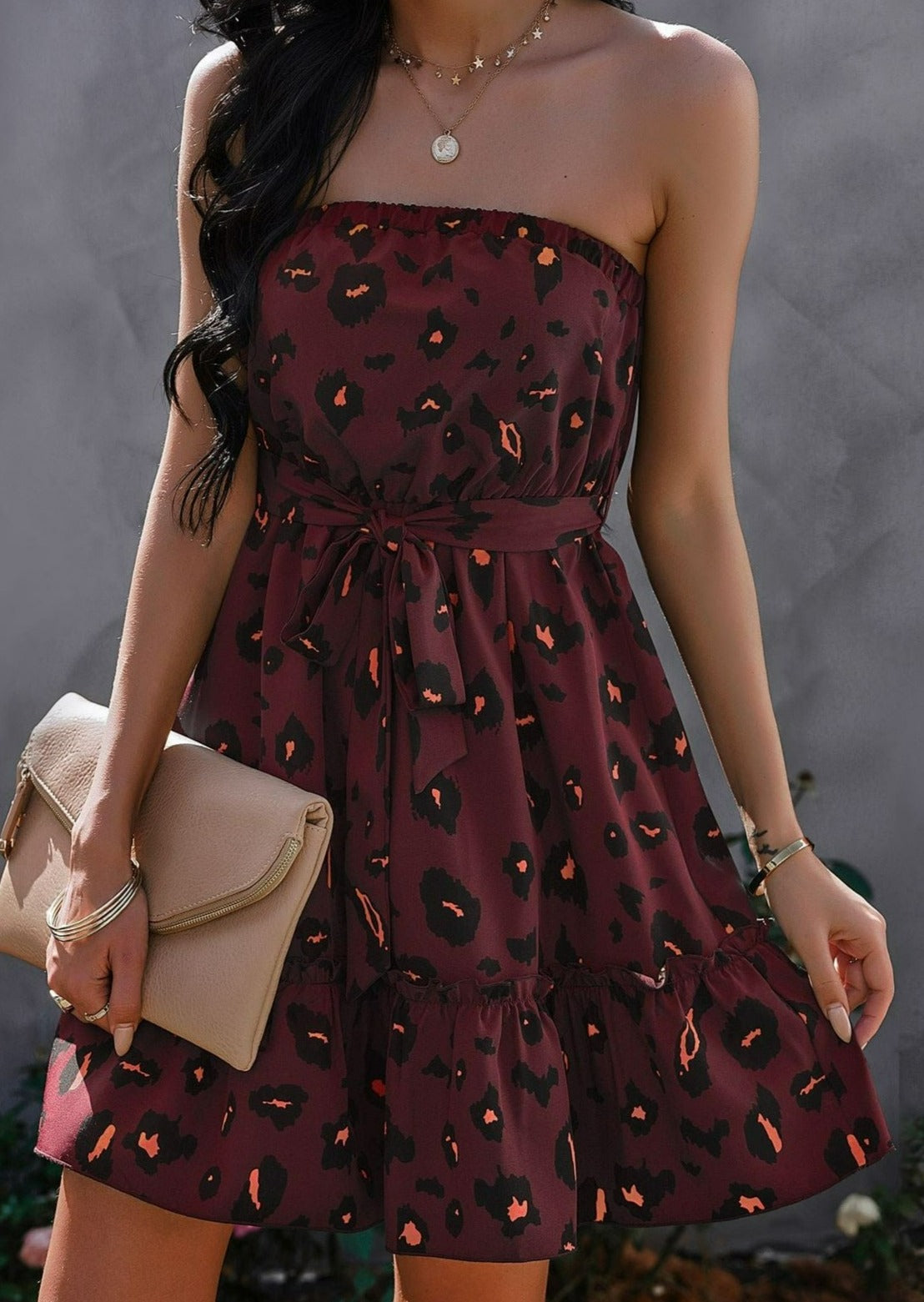 Contrast Leopard Print Strapless Dress