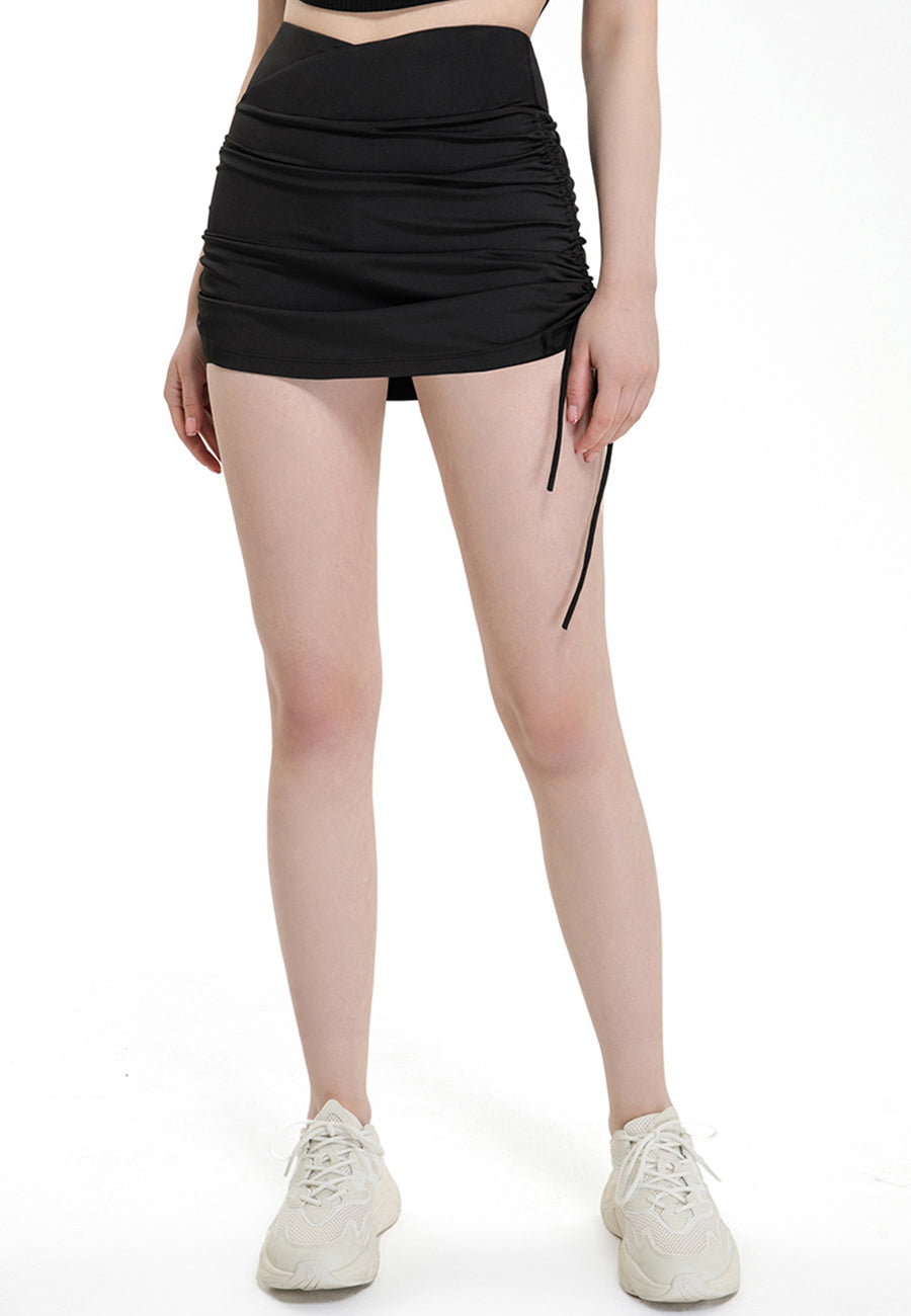 Crossover V Waist Ruched Drawstring Mini Lined Fitness Skirt