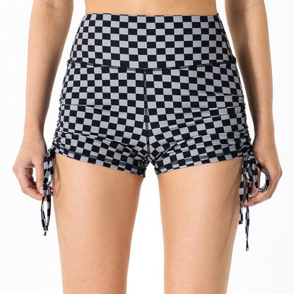 Pantalones cortos fruncidos con cordón ajustable y talle alto a cuadros