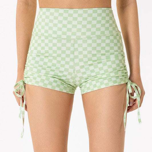 Checkered High Rise Adjustable Drawstring Ruched Shorts