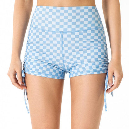 Checkered High Rise Adjustable Drawstring Ruched Shorts