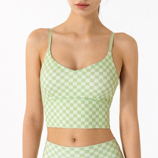 Checkered Adjustable Thin Strap Longline Sports Bra