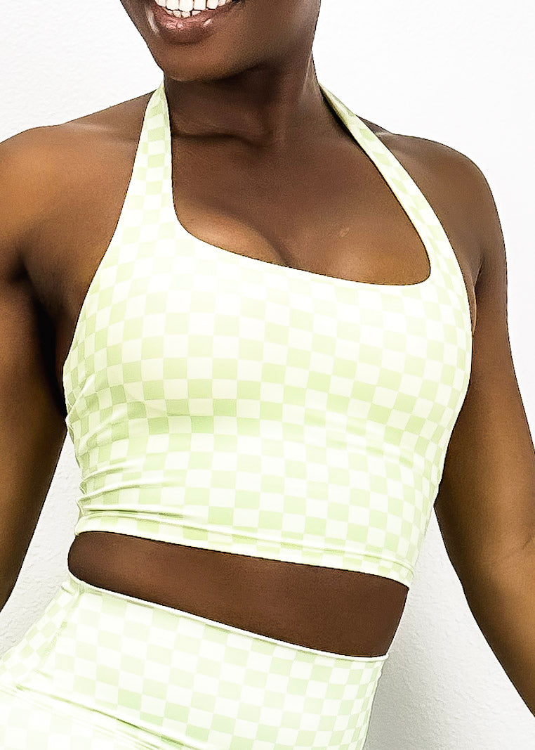 Longline Checkered Halter Low Open Back Workout Yoga Fitness