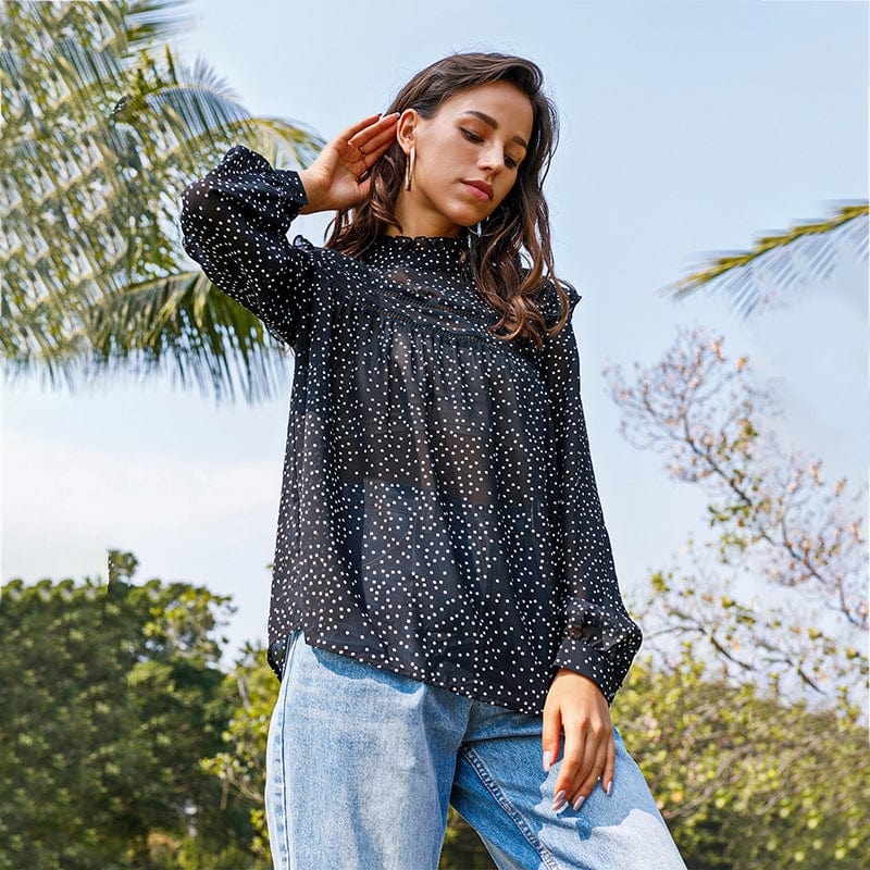 Anna-Kaci Women's Long Sleeve Polka Dot Blouse with High Smocked Neckline and Flowing Relaxed Fit