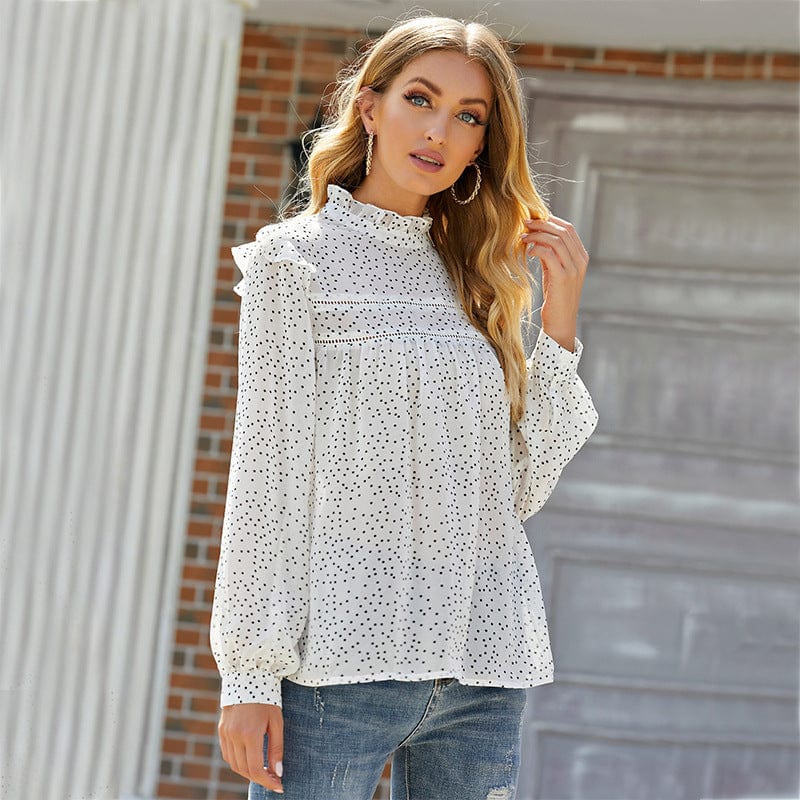 Anna-Kaci Women's Long Sleeve Polka Dot Blouse with High Smocked Neckline and Flowing Relaxed Fit