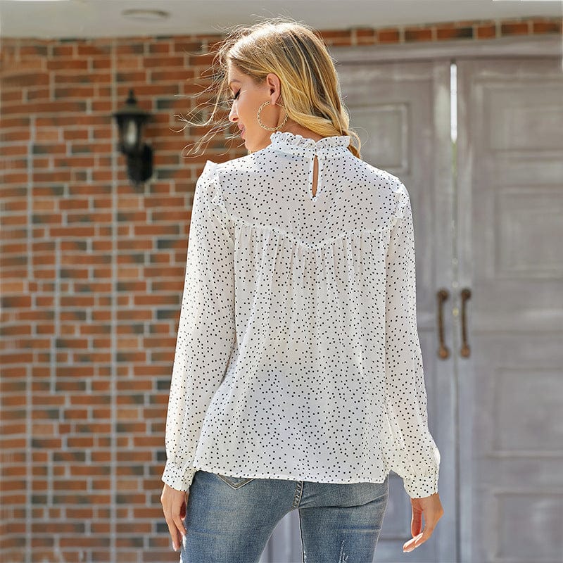 Anna-Kaci Women's Long Sleeve Polka Dot Blouse with High Smocked Neckline and Flowing Relaxed Fit