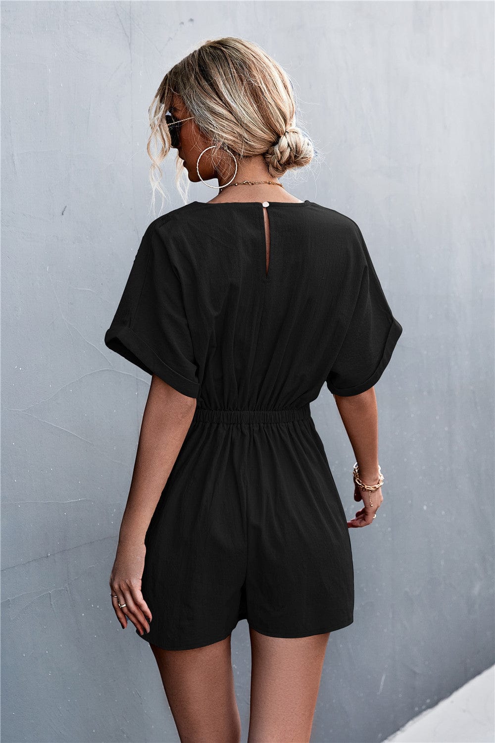 Solid Color Surplice Neck Short Sleeve Wrap Romper for Women – Anna-Kaci