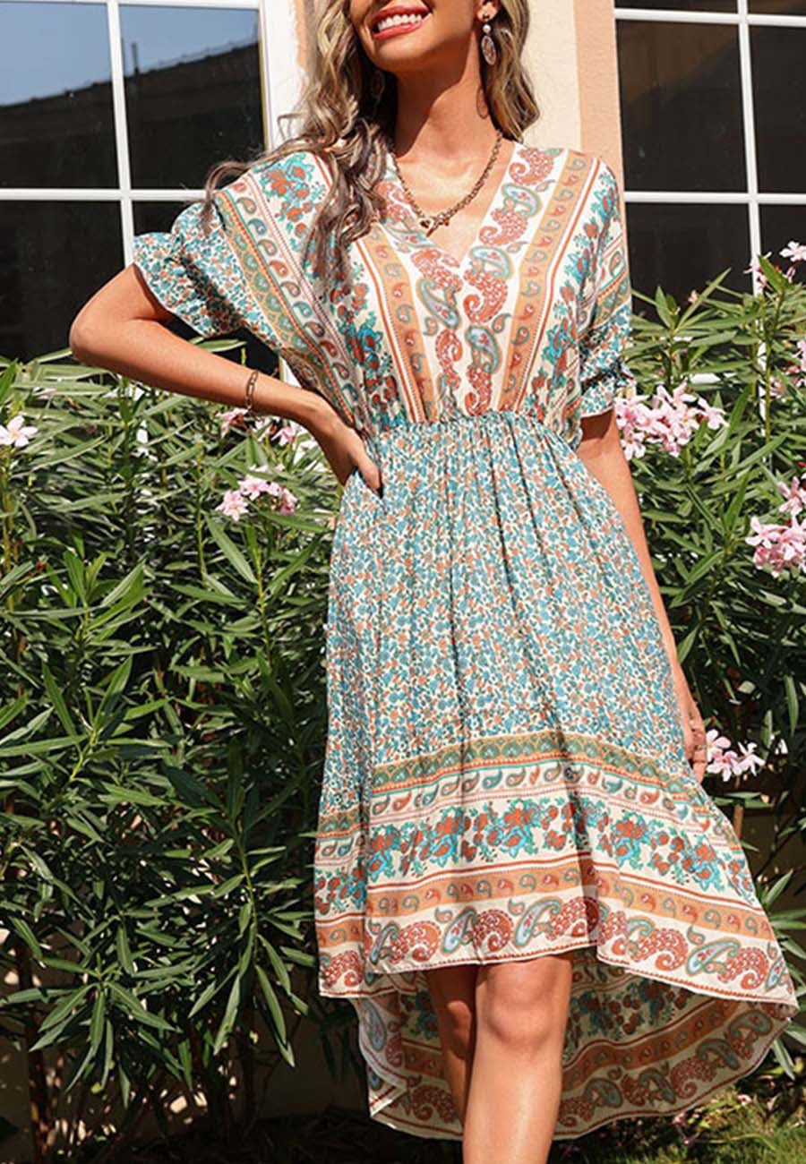 V Neck Tie Back High Low Floral Print Summer Boho Dress for Women Anna-Kaci V Neck Tie Back High Low Floral Print Summer Boho Dress for Women Anna-Kaci