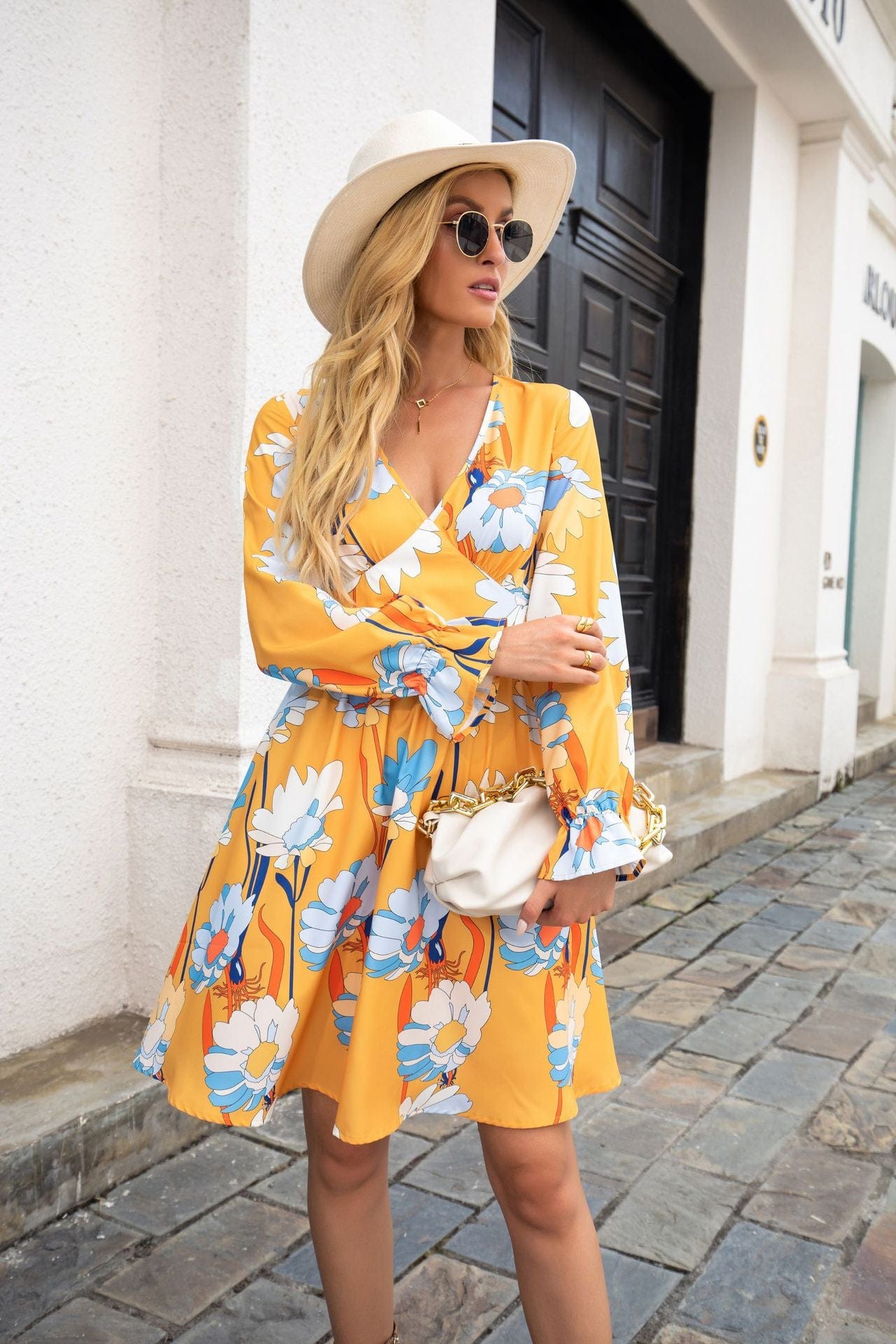 V Neck Floral Print Long Sleeve Skater Dress Above Knee Length – Anna-Kaci