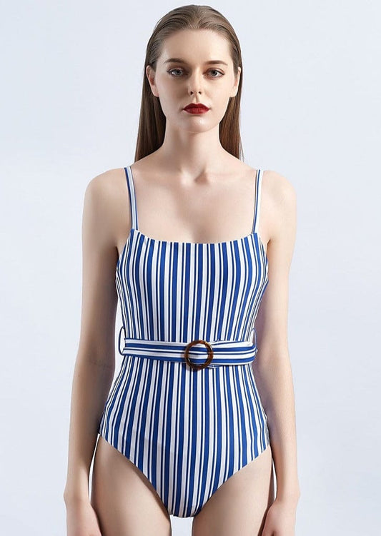 Striped Square Neck Belted Low Back One-Piece