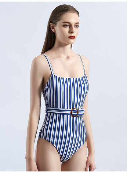 Striped Square Neck Belted Low Back One-Piece