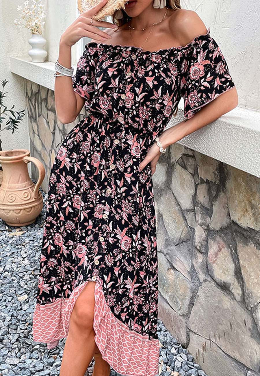 Vestido con dobladillo con volantes y estampado en contraste