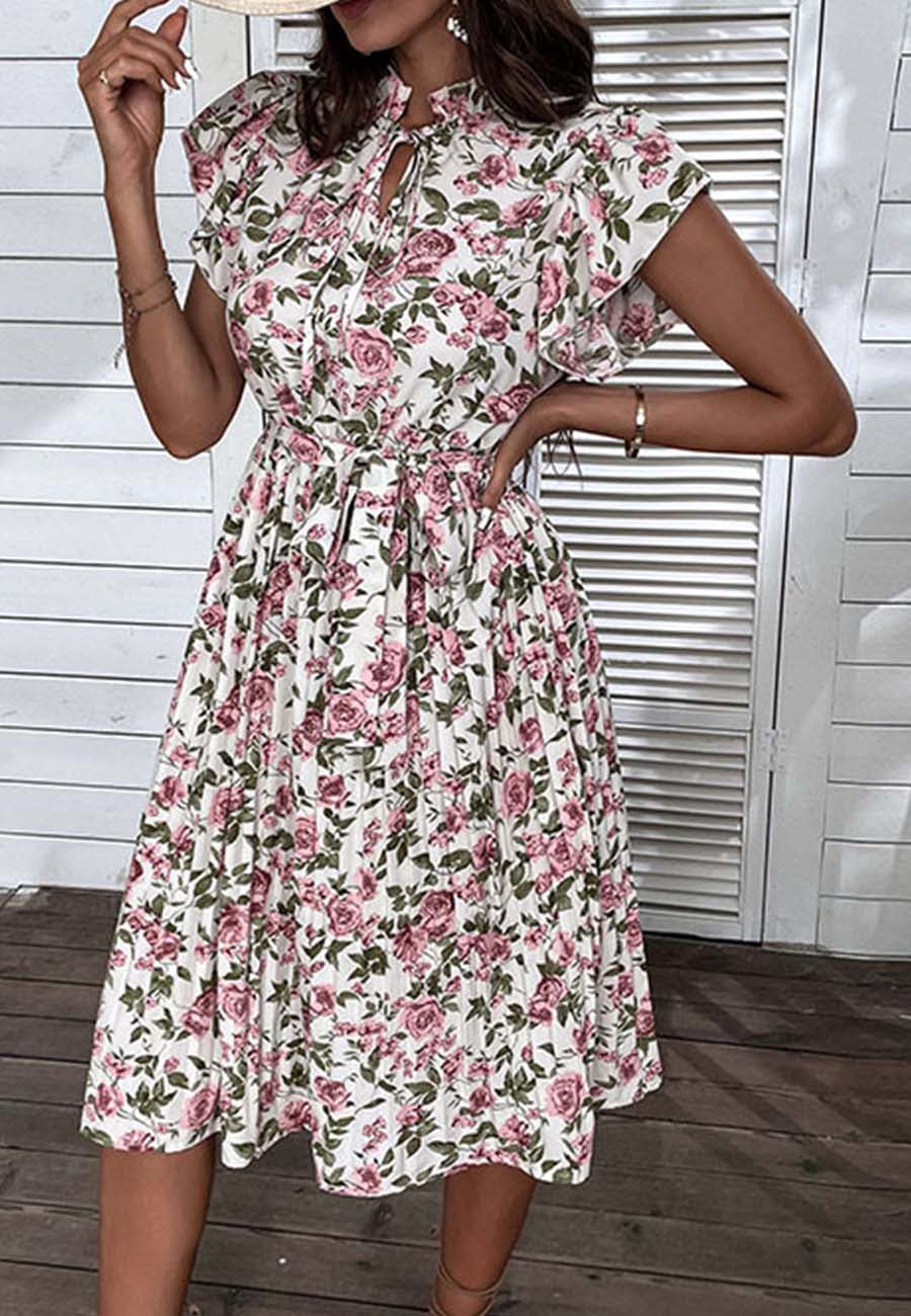 Vestido plisado con cuello con volantes y lazo