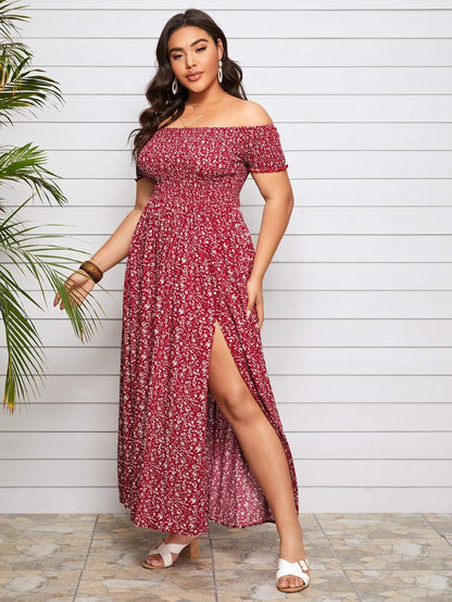 Vestido largo floral con hombros descubiertos y talla grande