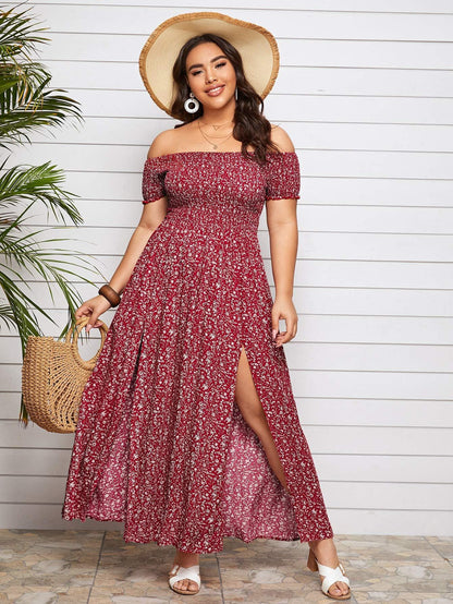 Vestido largo floral con hombros descubiertos y talla grande