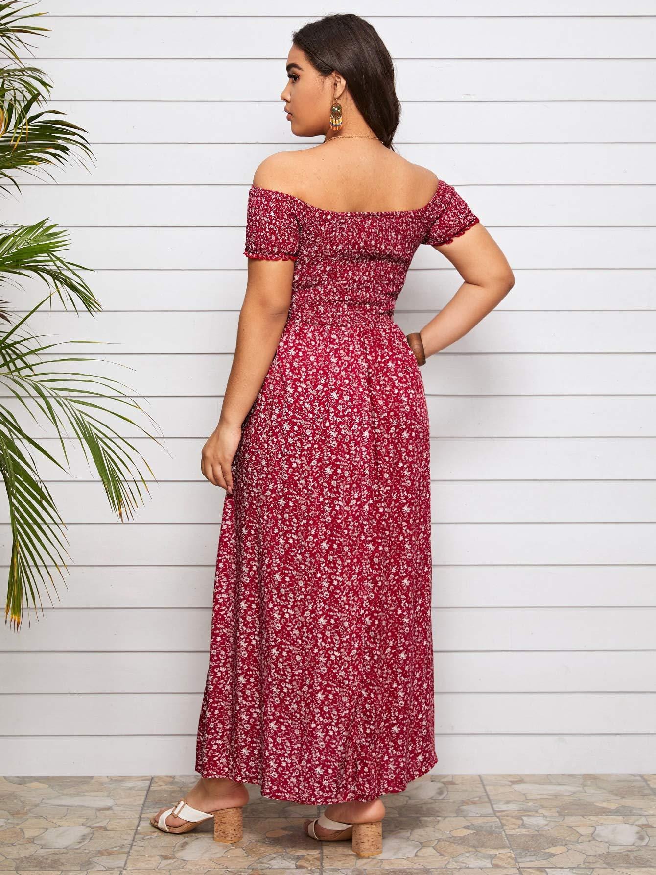 Vestido largo floral con hombros descubiertos y talla grande