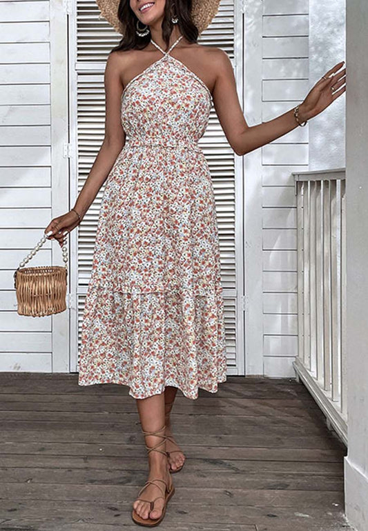 V-Halter Smocked Waist Floral Dress