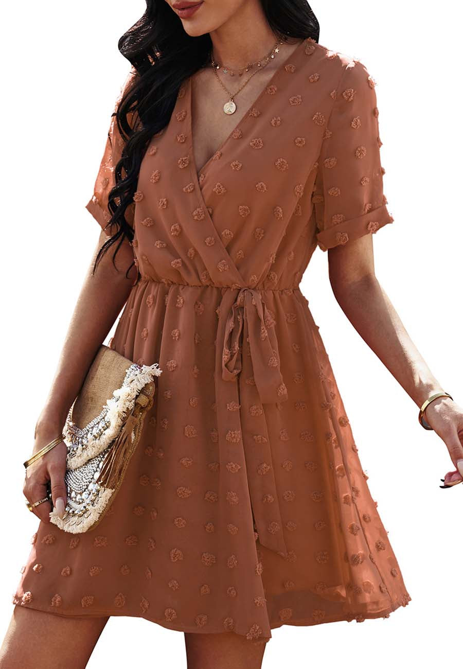 [JILLSTUART]★25SS★韓国人気★Punching Cotton Dress Clip Dot Surplice Neck Short Sleeve Summer Wrap Dress for