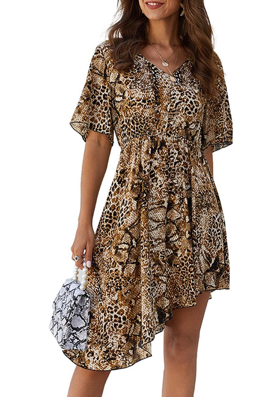 Round Neck Mixed Animal Print Asymmetrical Dress Above Knee Length Anna-Kaci Round Neck Mixed Animal Print Asymmetrical Dress Above Knee Length Anna-Kaci