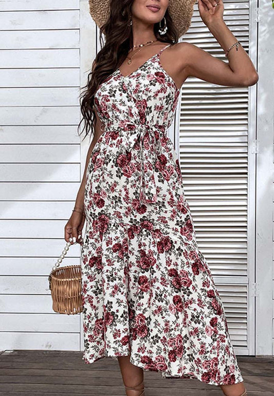 Vestido de tirantes con estampado floral en rosa brillante