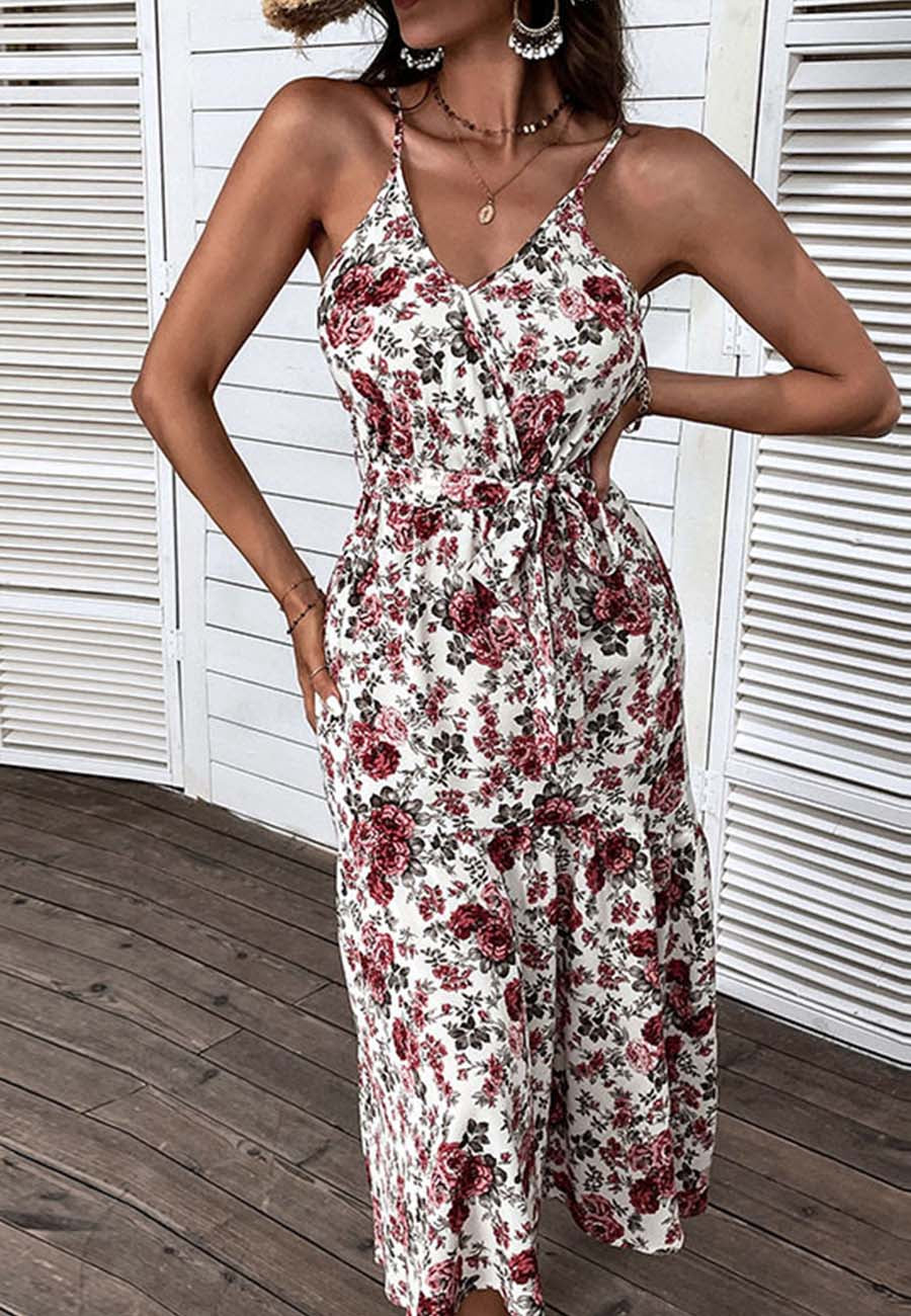Vestido de tirantes con estampado floral en rosa brillante