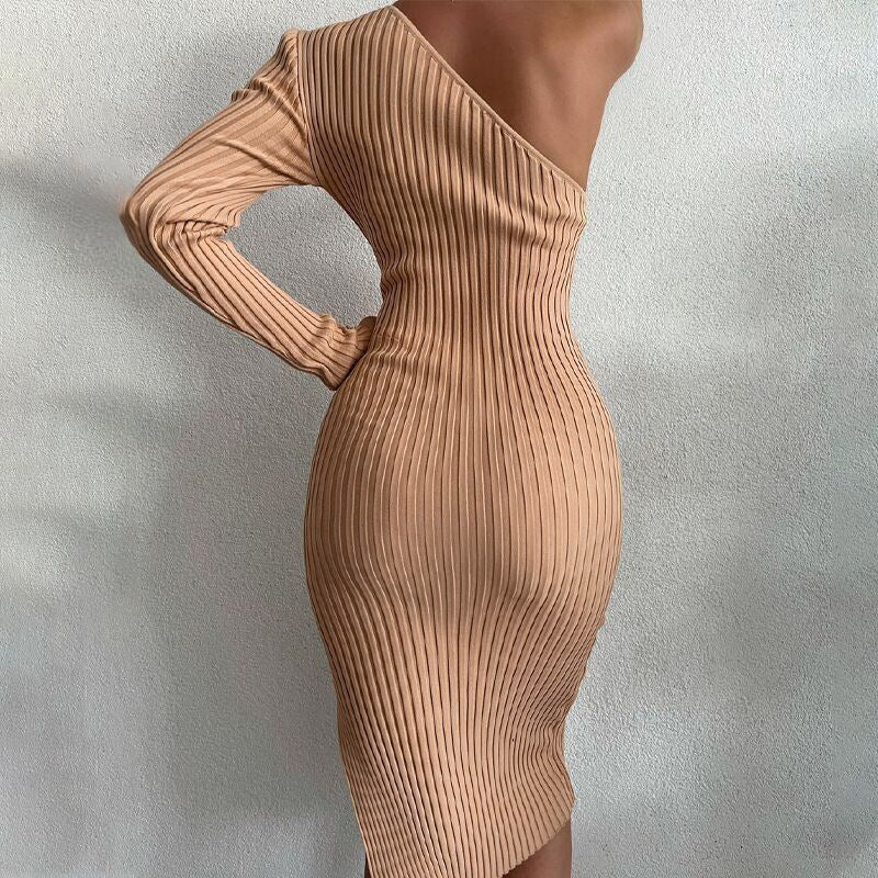 Ribbed One Shoulder Leg Slit Midi Dress