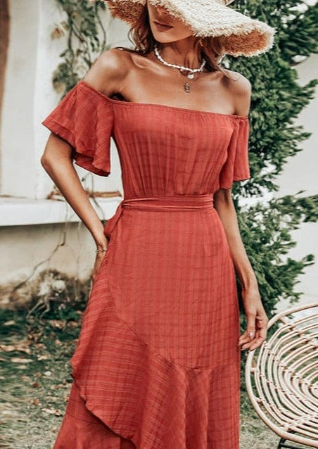 Paradise Vacation Ruffle Off Shoulder Dress