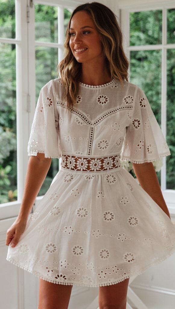Crew Neck Eyelet Flutter Sleeve Boho Dress Above Knee Length  Anna-Kaci