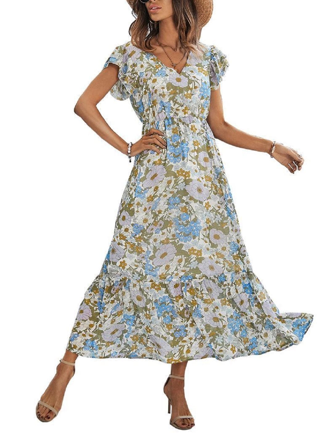 Vestido con estampado floral y mangas abullonadas