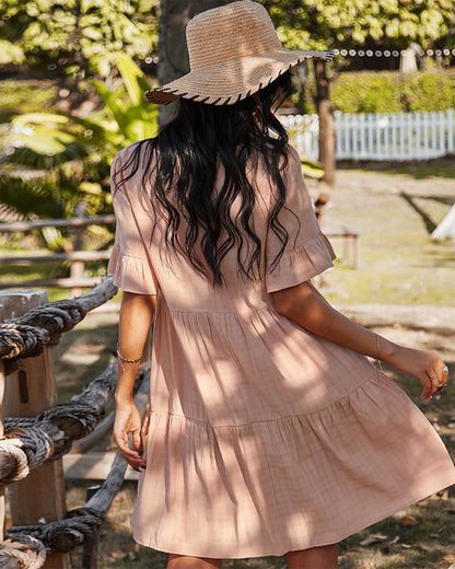 Checkered Button Detail Tiered Dress