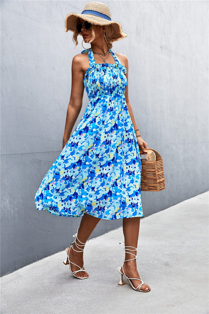 Shirred Halter Floral Dress