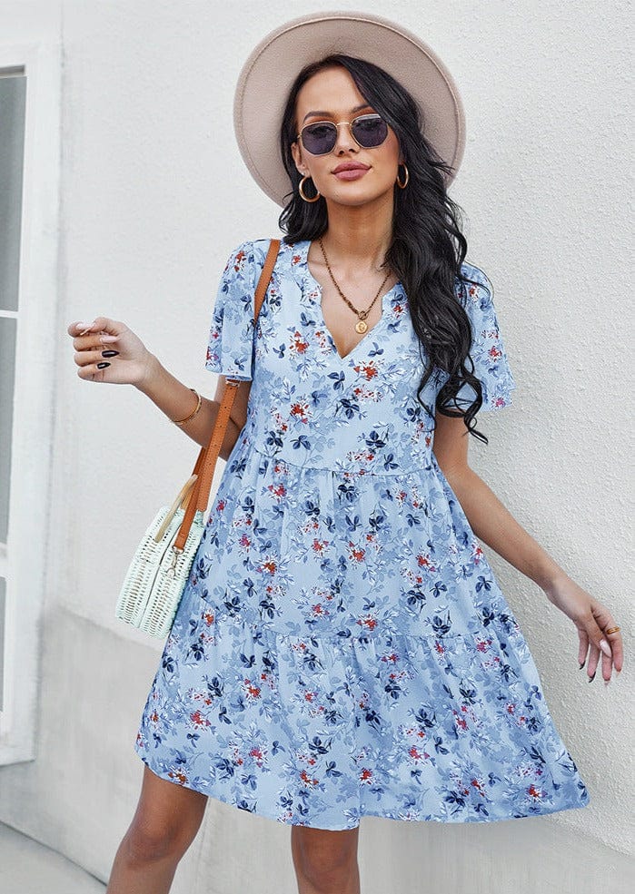 Anna-Kaci Women's Short Sleeve V-Neck Tiered Floral Print Mini Dress with Relaxed Flowing Silhouette