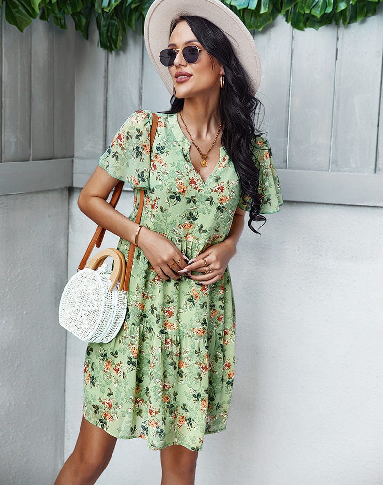 Anna-Kaci Women's Short Sleeve V-Neck Tiered Floral Print Mini Dress with Relaxed Flowing Silhouette