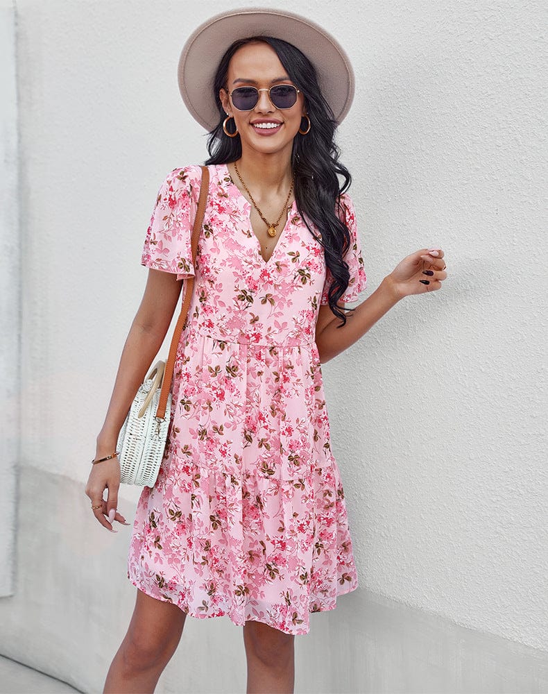 Minivestido fluido de manga corta con escote en V y estampado floral escalonado para mujer Anna-Kaci
