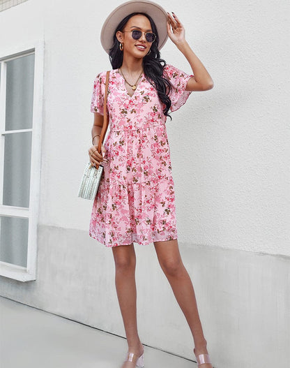 Anna-Kaci Women's Short Sleeve V-Neck Tiered Floral Print Mini Dress with Relaxed Flowing Silhouette