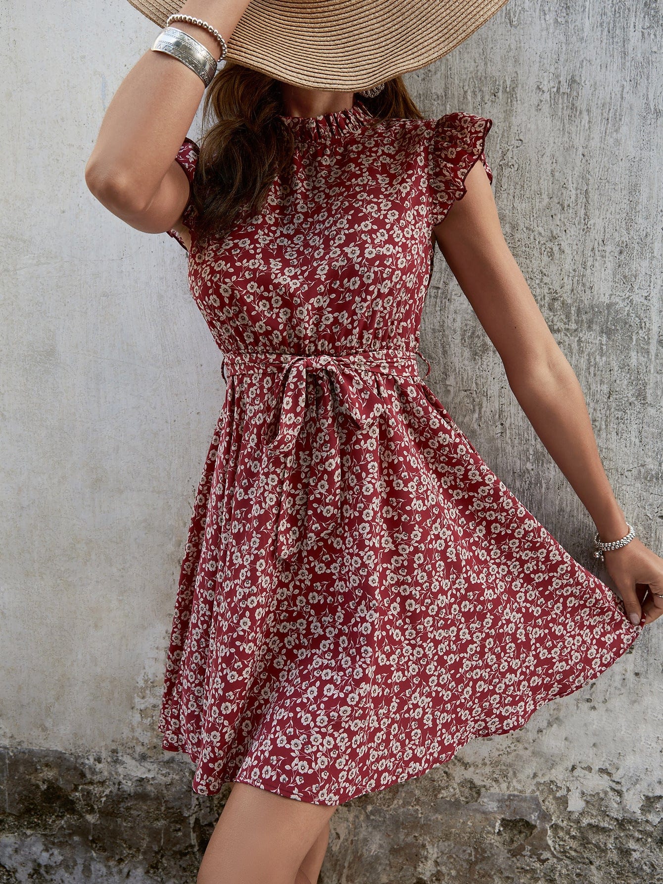 Ruffle Shoulder Keyhole Back Dress