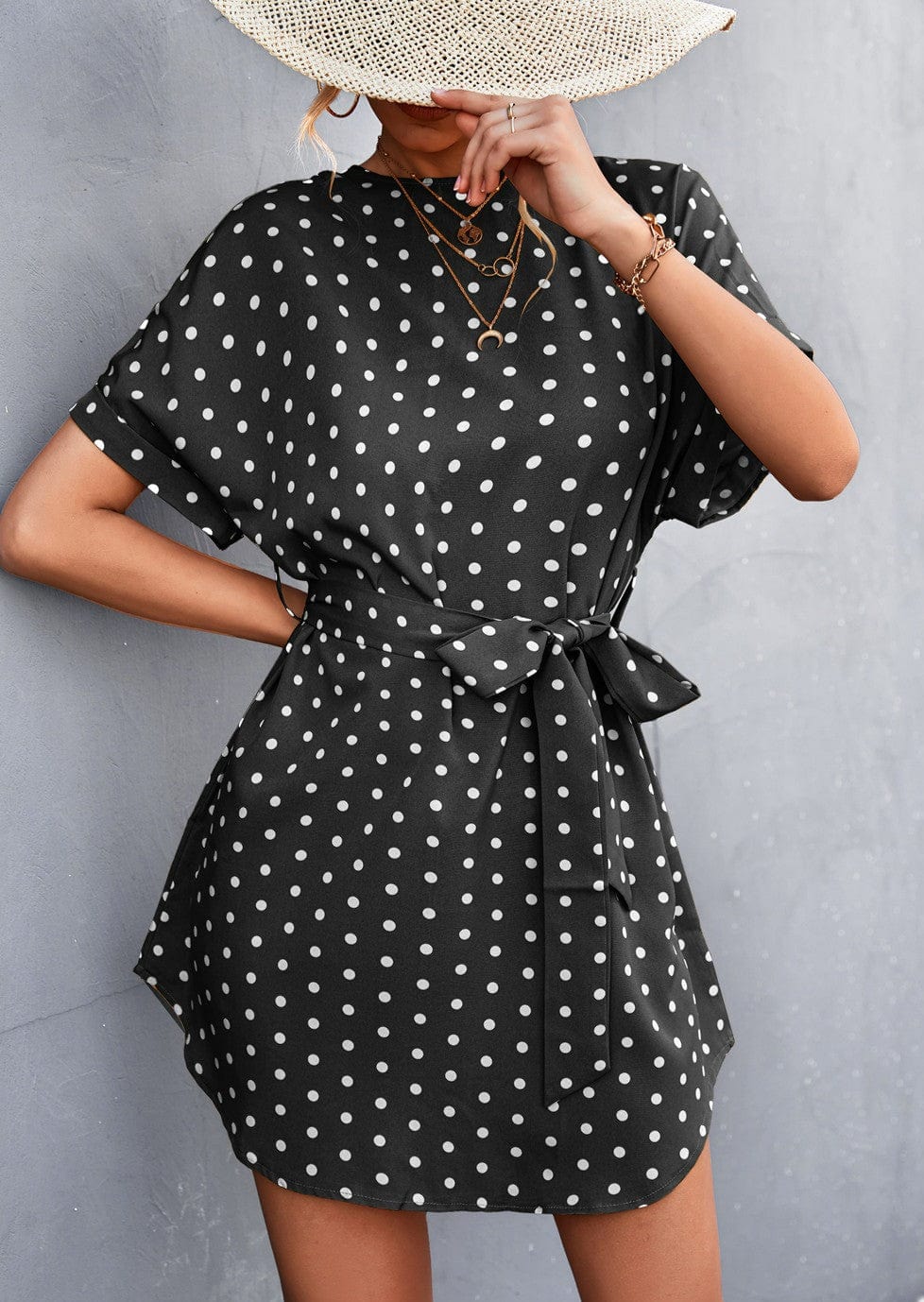 Anna-Kaci Women's Short Sleeve Polka Dot Mini Dress with Waist Tie Belt and Relaxed Fit