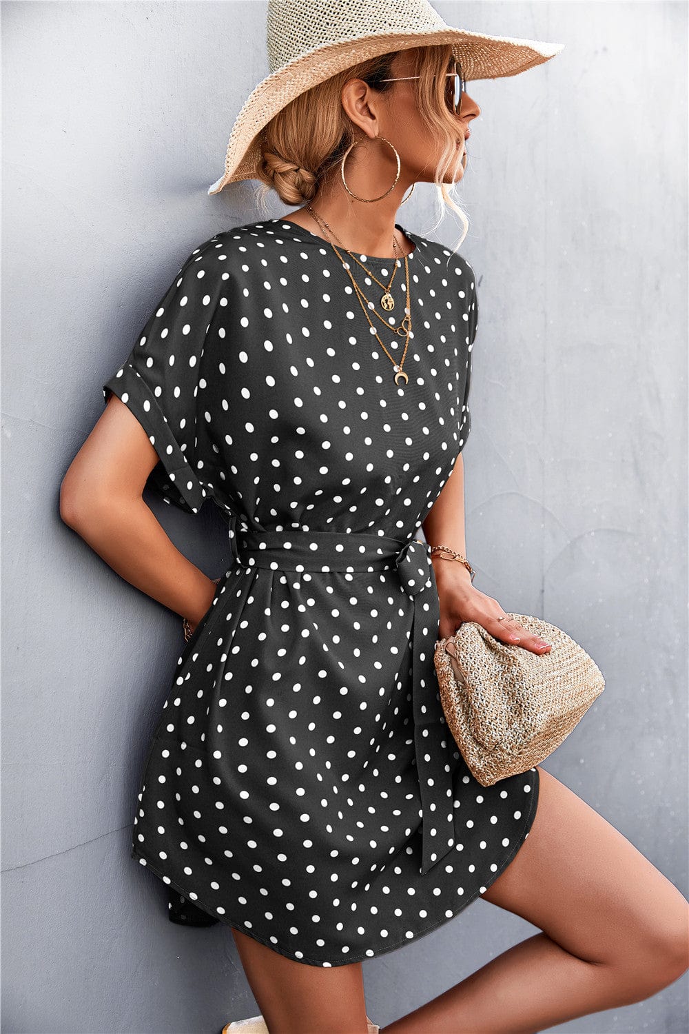 Anna-Kaci Women's Short Sleeve Polka Dot Mini Dress with Waist Tie Belt and Relaxed Fit