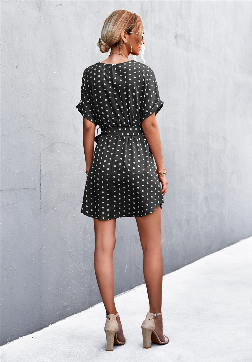 Anna-Kaci Women's Short Sleeve Polka Dot Mini Dress with Waist Tie Belt and Relaxed Fit