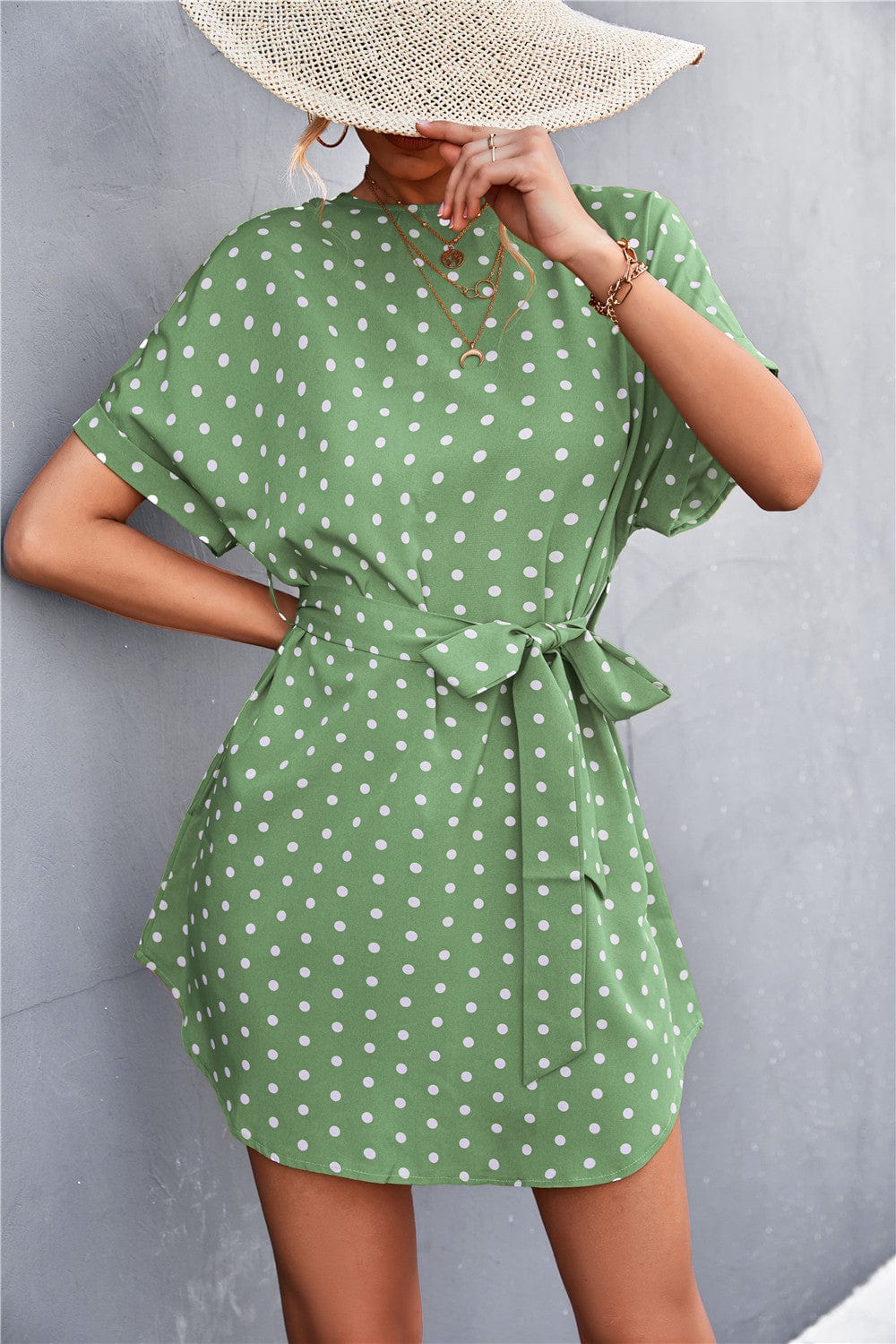 Anna-Kaci Women's Short Sleeve Polka Dot Mini Dress with Waist Tie Belt and Relaxed Fit