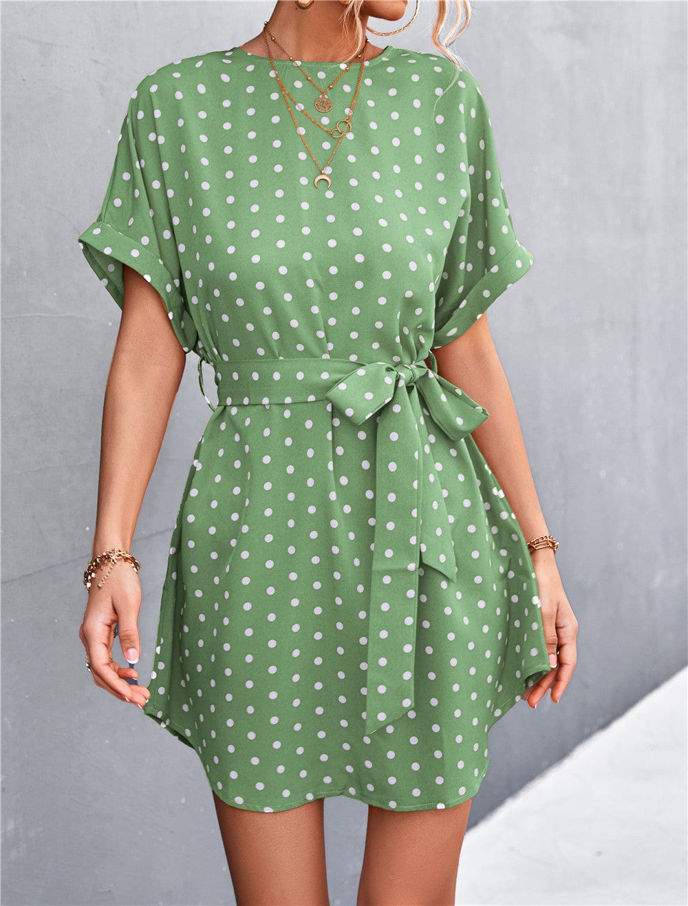 Anna-Kaci Women's Short Sleeve Polka Dot Mini Dress with Waist Tie Belt and Relaxed Fit