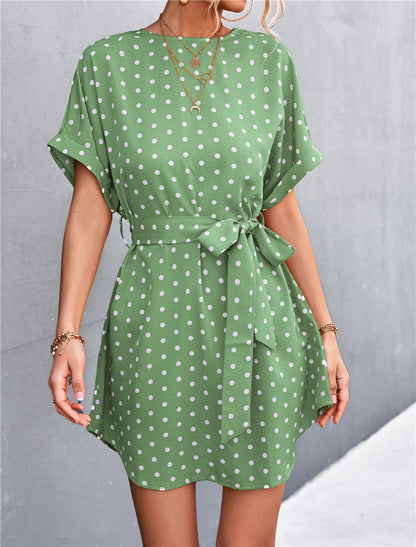 Anna-Kaci Women's Short Sleeve Polka Dot Mini Dress with Waist Tie Belt and Relaxed Fit