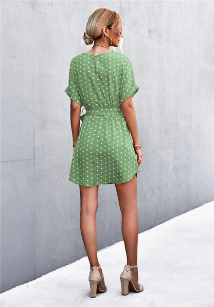 Anna-Kaci Women's Short Sleeve Polka Dot Mini Dress with Waist Tie Belt and Relaxed Fit