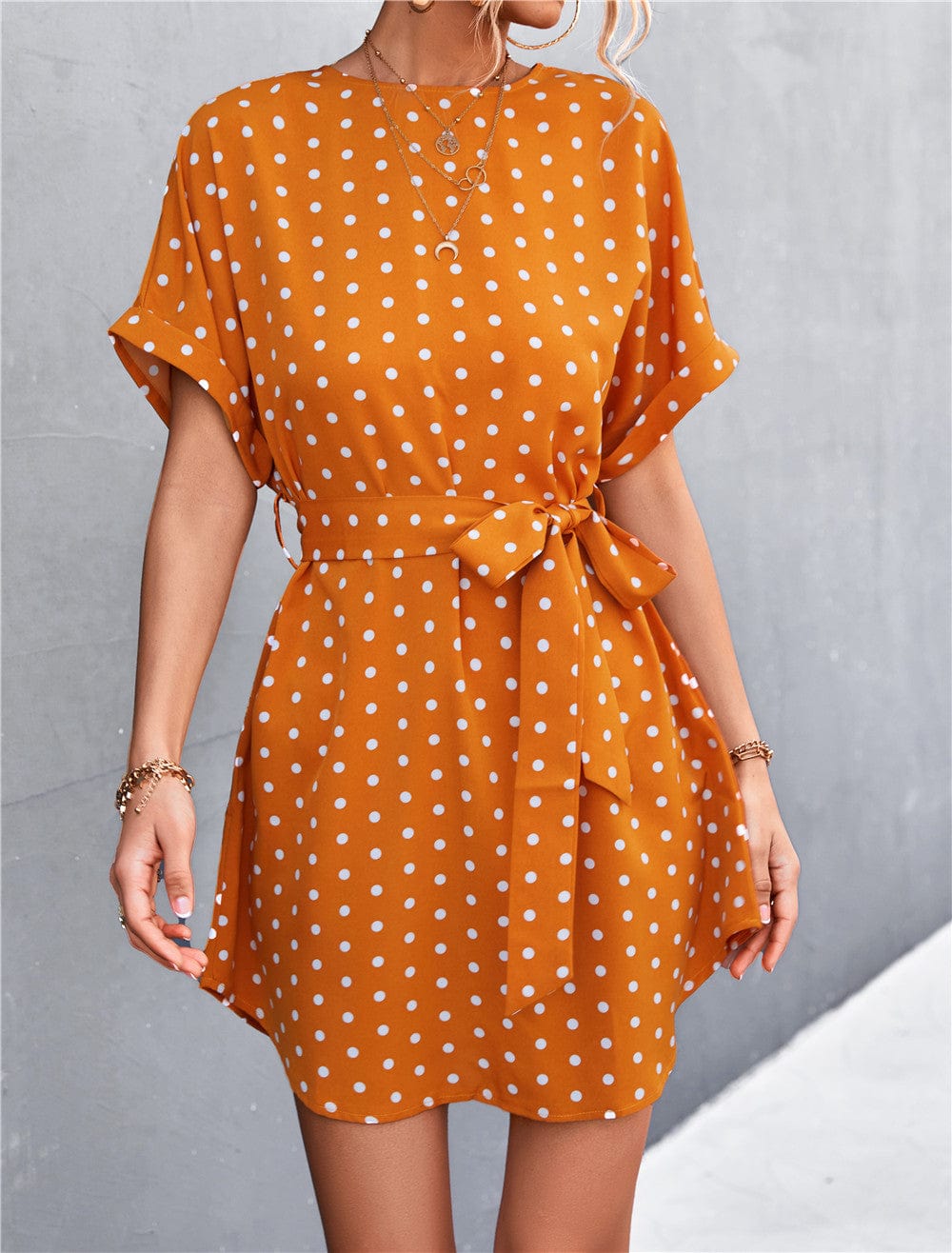 Anna-Kaci Women's Short Sleeve Polka Dot Mini Dress with Waist Tie Belt and Relaxed Fit